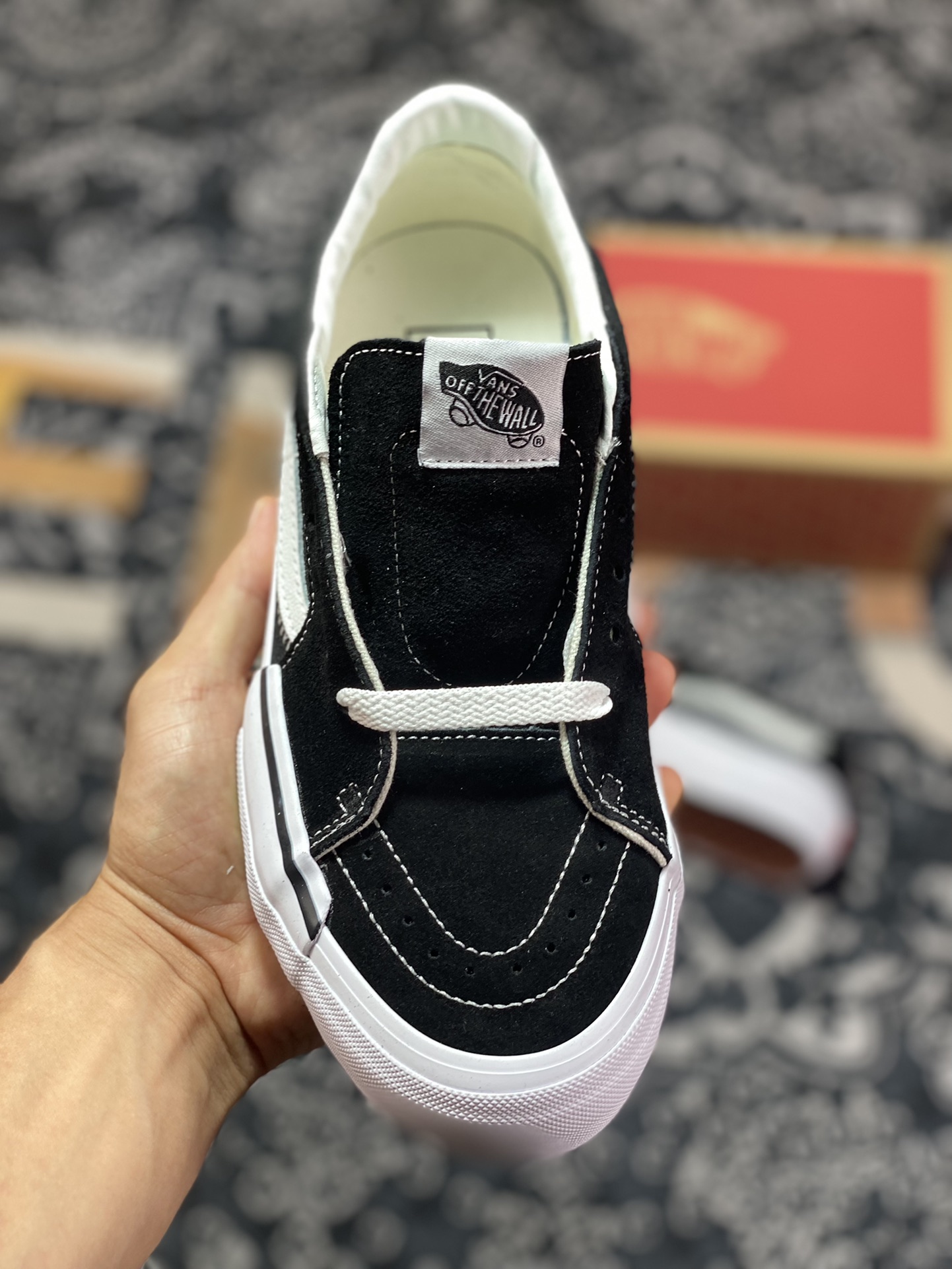 Vans Sk8-Low deconstructed black and white with black and white stripes classic shoe shape