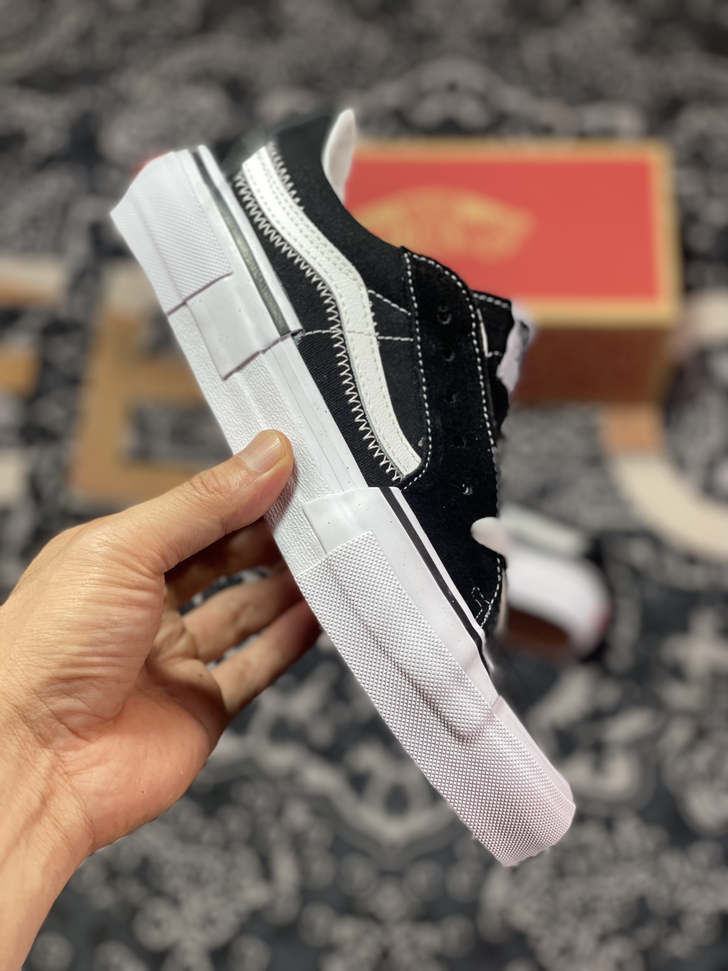 Vans Sk8-Low deconstructed black and white with black and white stripes classic shoe shape