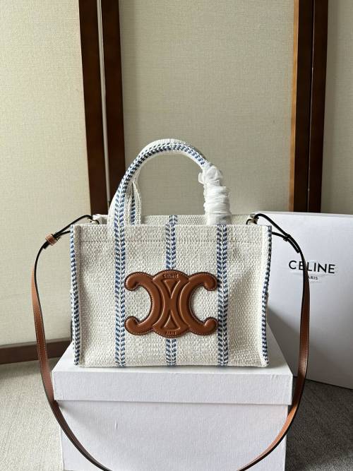 Celine Blue Striped Textile and Leather Trim Triomphe Tote Bag, 26 cm 1 Celine Blue Striped Textile and Leather Trim Triomphe Tote Bag, 26 cm