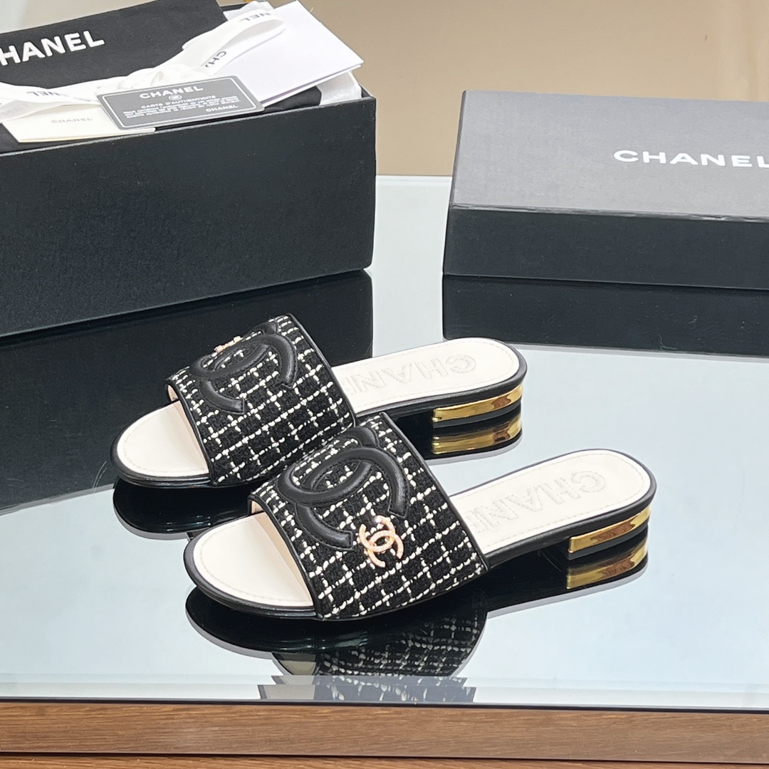 Chanel AAAAA+
 Shoes Slippers Embroidery Genuine Leather Sheepskin Weave