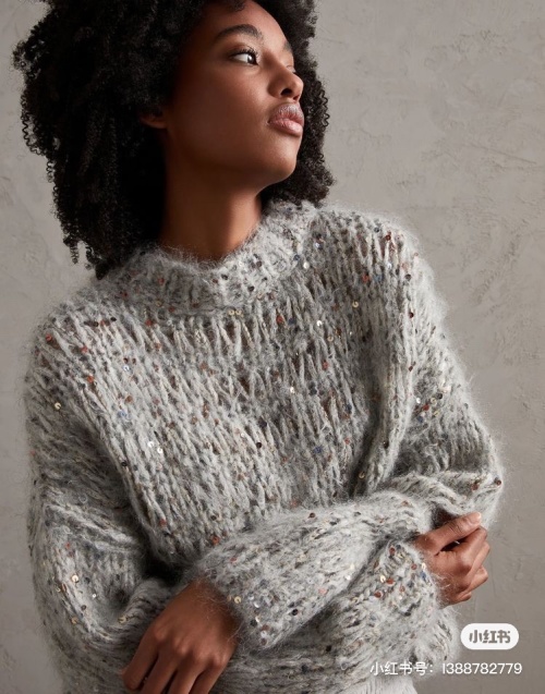 ZILIMARK Women's Shimmering Beaded Embroidered Mohair Blend Knit Sweater