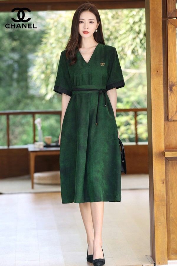 Top quality Fake Chanel Clothing Dresses Black Green Silk Summer Collection Fashion