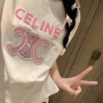 Celine Clothing T-Shirt Pink White Embroidery Cotton