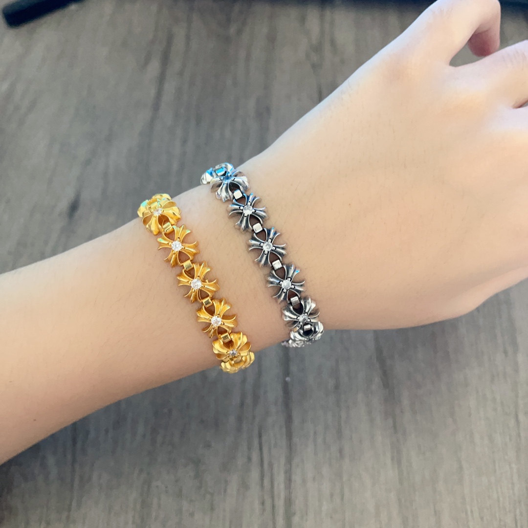 クロ心 タイ銀色 22Kゴールドコーティング斜十字手ブレスレット