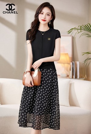 Chanel Wholesale Clothing Shirts & Blouses Skirts T-Shirt Apricot Color Black Cotton Polyester Summer Collection Fashion