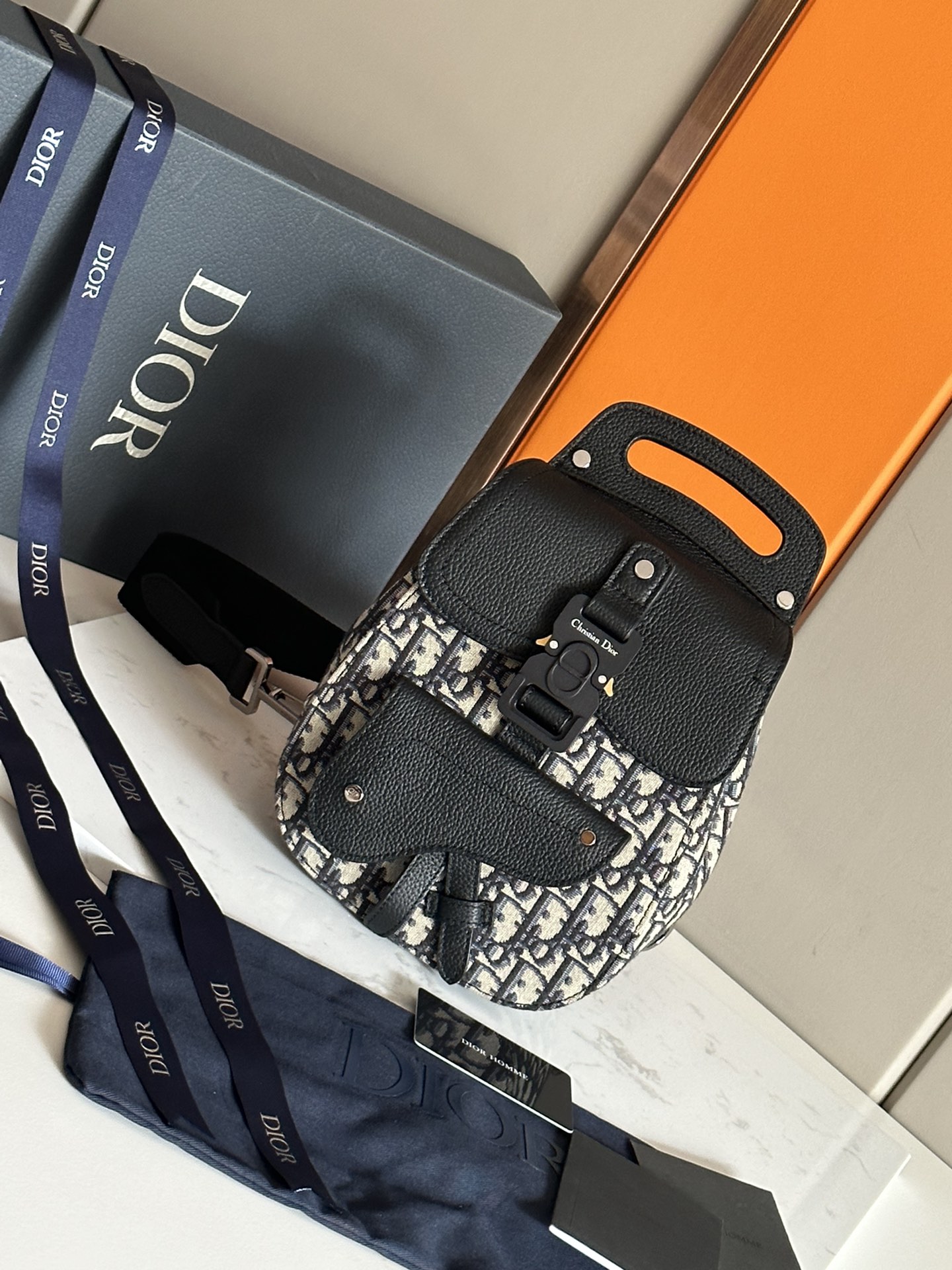 Dior Belt Bags & Fanny Packs Saddle Bags Black Blue Dark Navy Cowhide Nylon Oblique Mini