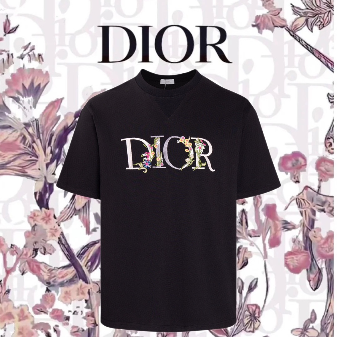 Dior Abbigliamento T-Shirt Nero Bianco Ricamo Unisex Tessuto Fashion Maniche corte