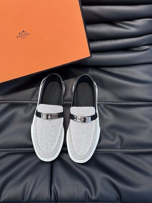 Hermes Shoes Loafers Best Quality Replica Splicing Men Canvas Cowhide Genuine Leather Lambskin Rubber Sheepskin Casual