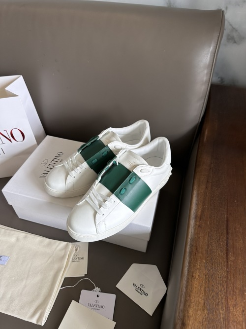 Valentino Garavani Open Leather Sneaker with Green Band and Stud Detail