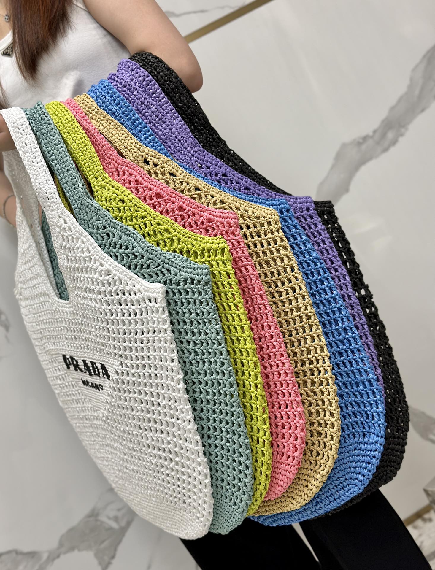 pradaraffia woven tote bag