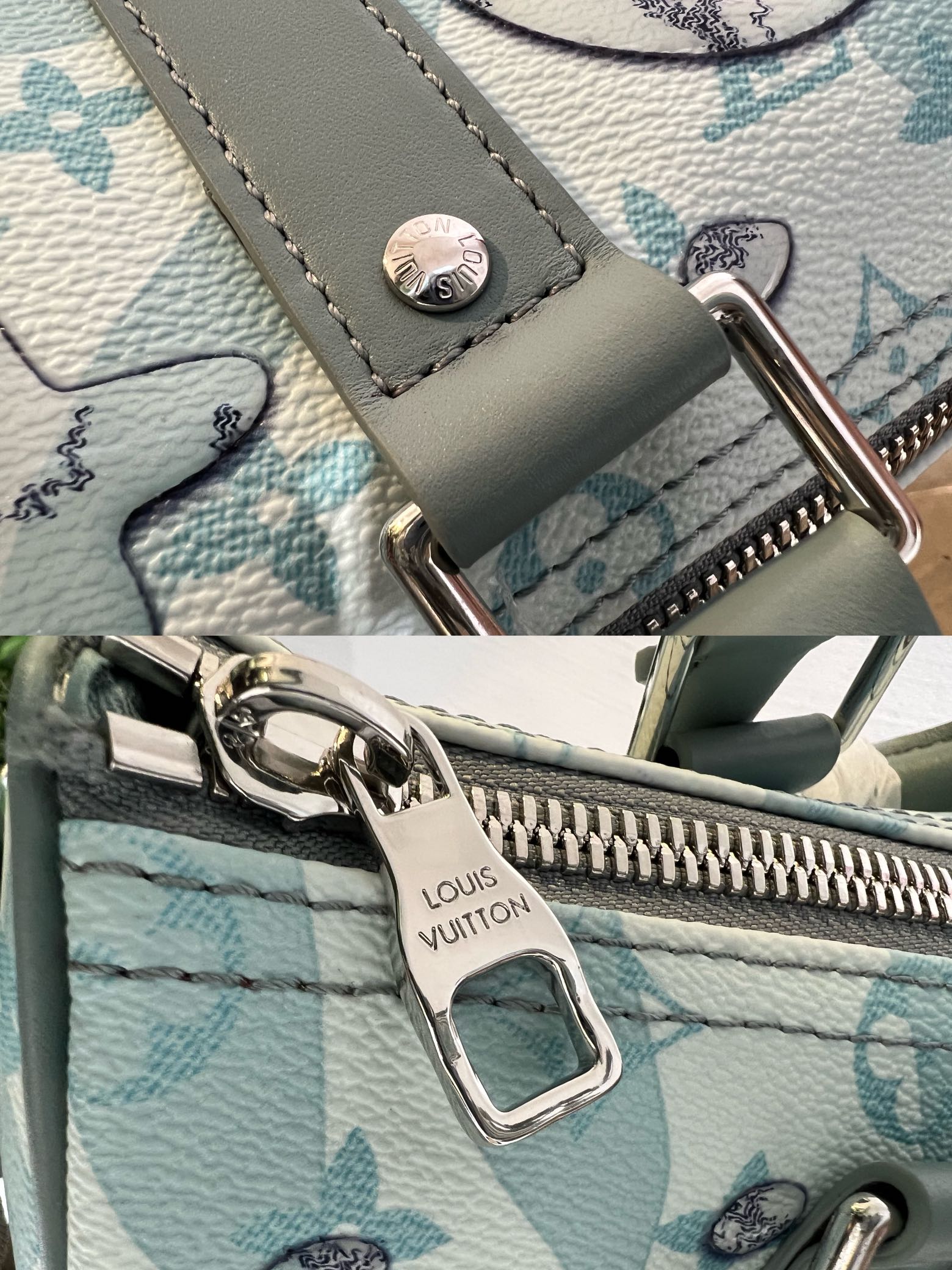 M22527 46271 滴水绿 本款 Keepall Bandoulière 25 手袋依托创意喷墨印制工艺,仿佛水滴滑过 LV 字母和 6