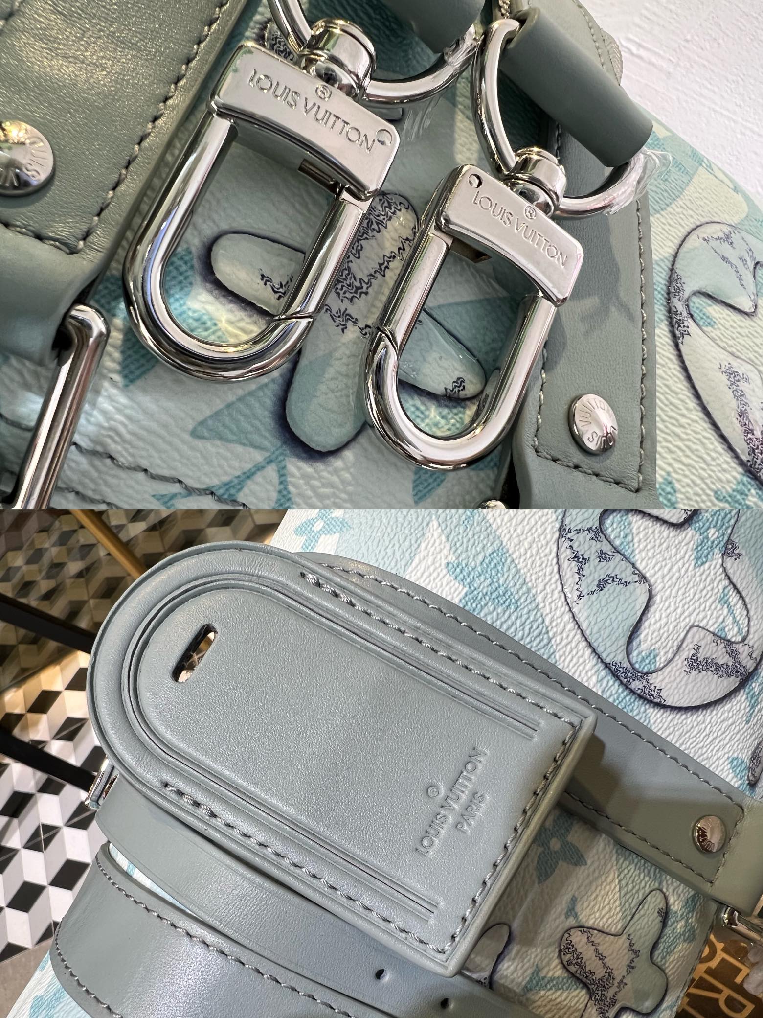 M22527 46271 滴水绿 本款 Keepall Bandoulière 25 手袋依托创意喷墨印制工艺,仿佛水滴滑过 LV 字母和 7