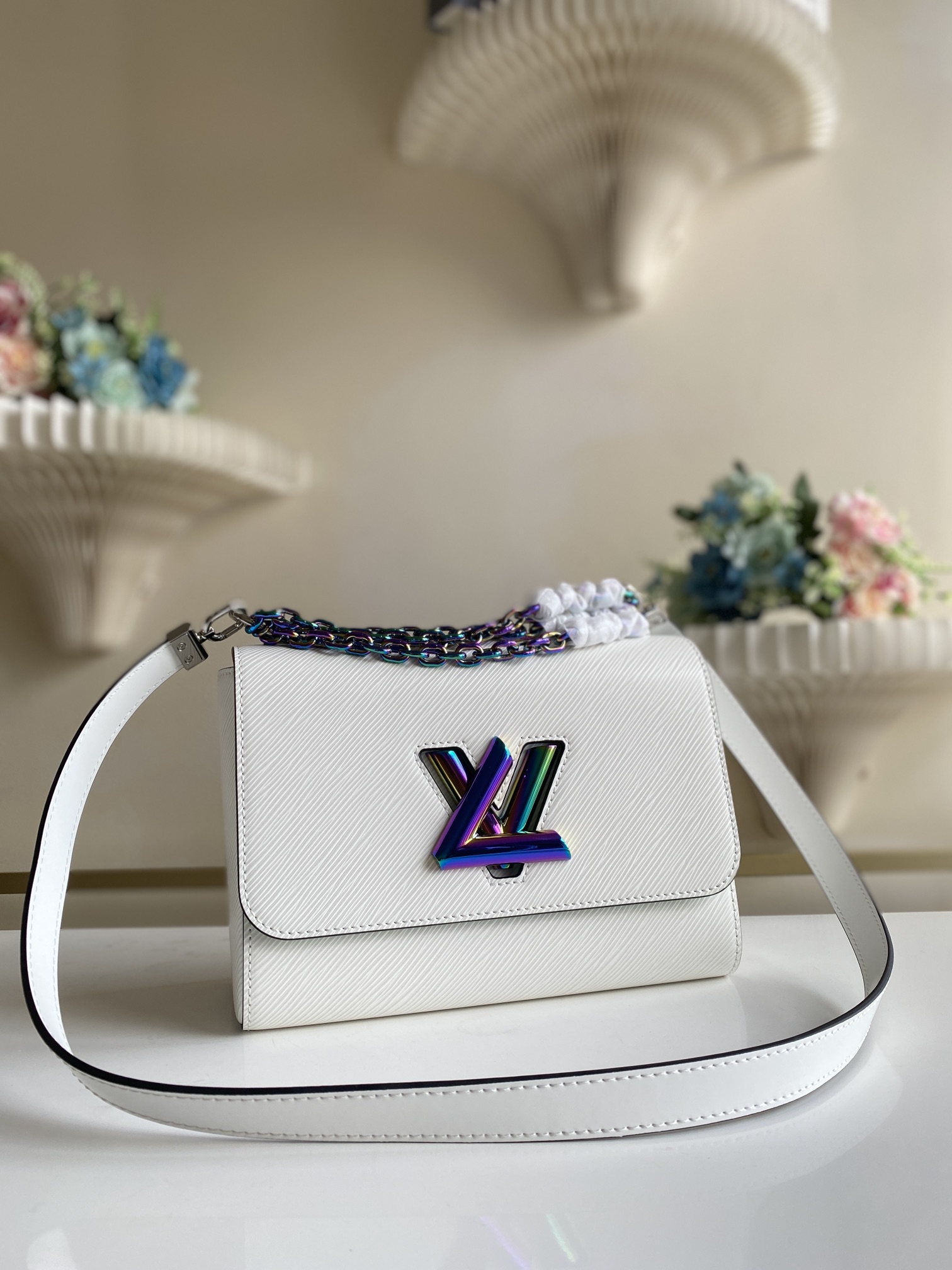 Louis Vuitton Twist MM White Epi Leather with Iridescent Chain Shoulder Bag