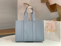 Chloe Handbags Tote Bags Blue Embroidery Calfskin Cowhide Woody Mini