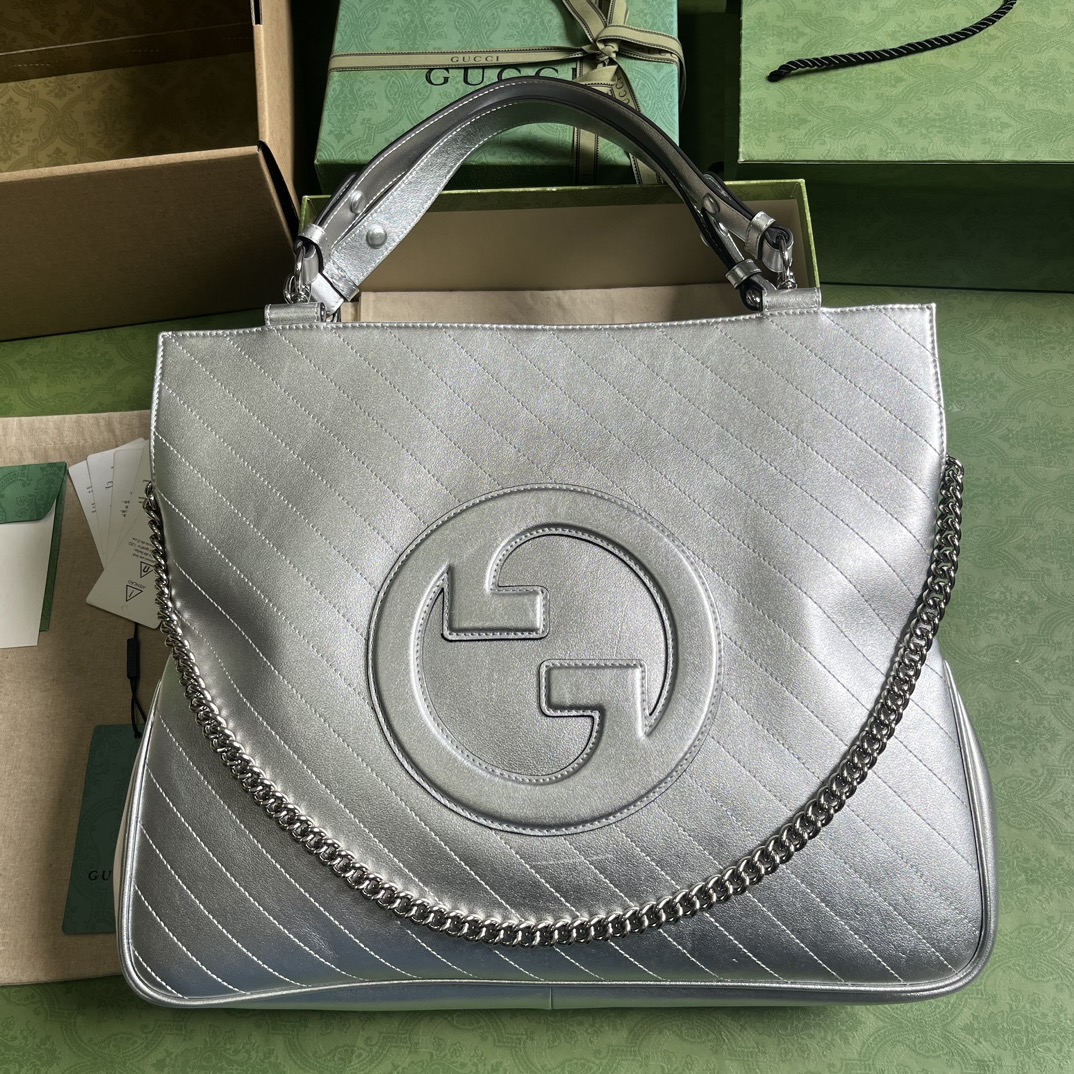 Gucci Blondie средний тоут серебристая кожа с цепной ручкой
