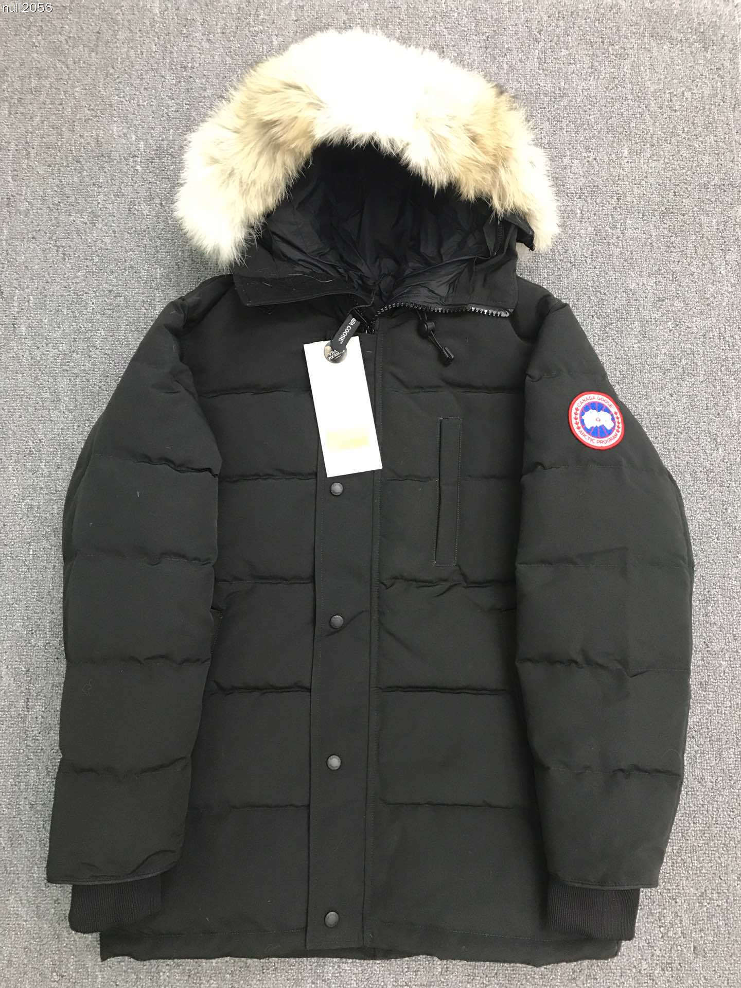Guangzhou top version Carson down jacket with fur hood, black with red label, sizes S-XXL.-Big cat