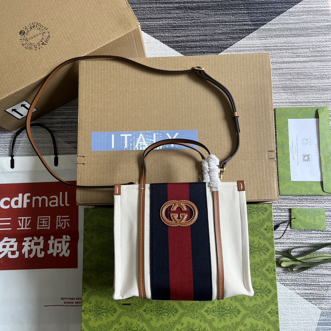 GUCCI 互扣式雙G 迷你托特包 帆布 織帶