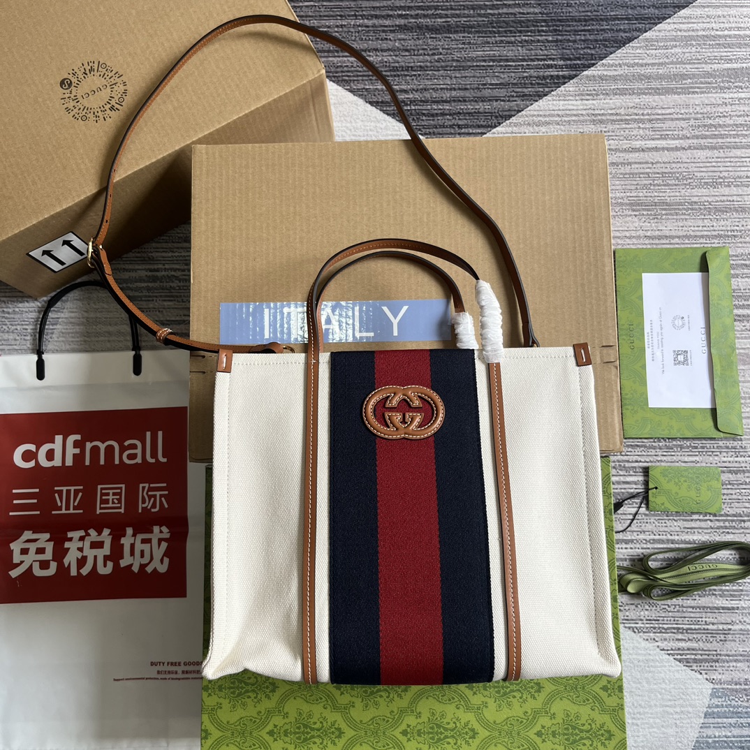 GUCCI 互扣式雙G 帆布 托特包 織帶 雙提手