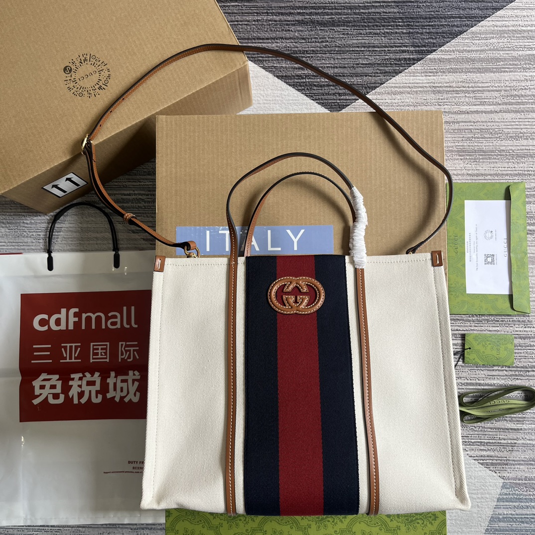 GUCCI 互扣式雙G 帆布 托特包 織帶 皮革滾邊