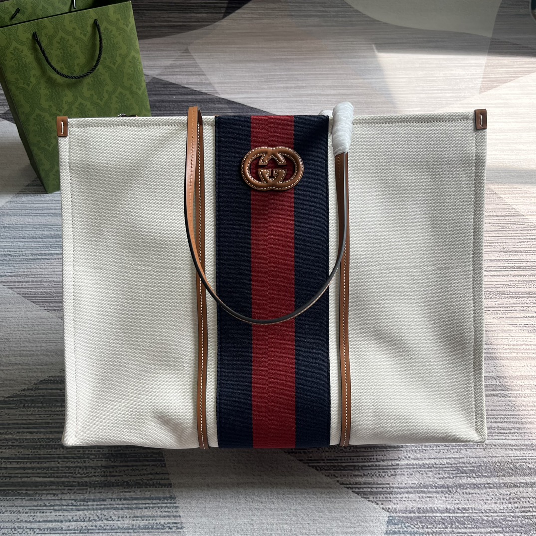 GUCCI 互扣式雙G 帆布 托特包 織帶 皮革滾邊