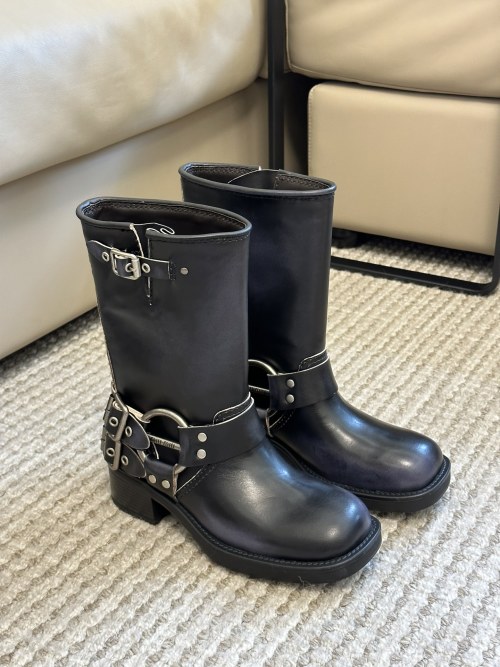 Miu Miu Western Buckle Knee High Boots, Women's Leather Biker Boots 7 Miu Miu Western Buckle Knee High Boots, Women's Leather Biker Boots