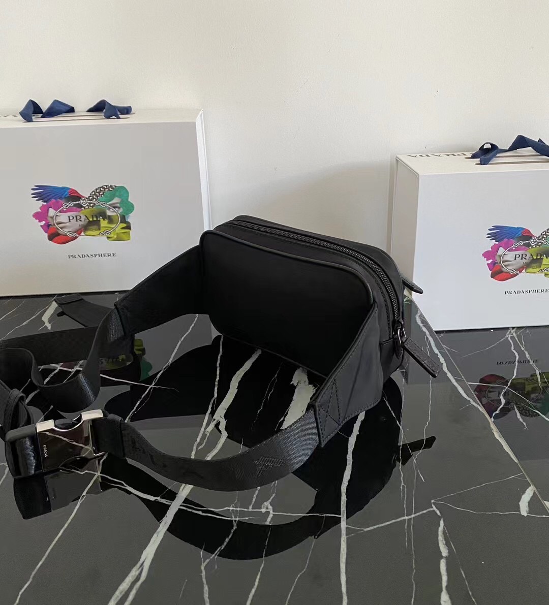 プラダ ブラック ナイロン レザー ウエストバッグ メンズ レディース