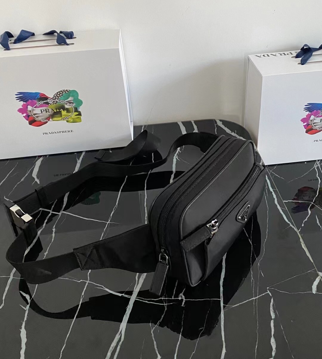 プラダ ブラック ナイロン レザー ウエストバッグ メンズ レディース