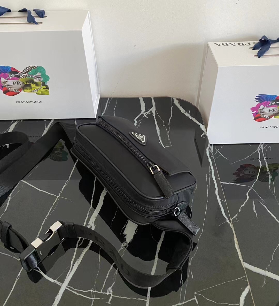 プラダ ブラック ナイロン レザー ウエストバッグ メンズ レディース