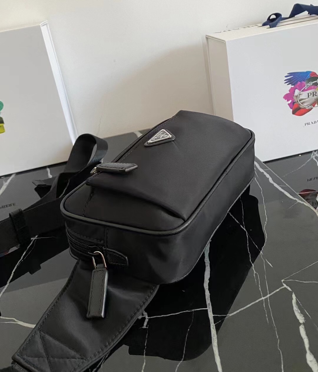 プラダ ブラック ナイロン レザー ウエストバッグ メンズ レディース
