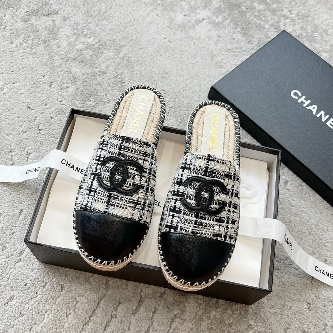 CHANEL Espadrilles classiques en tissu et cuir, tissu importé, cuir d'agneau de boutique, idéales pour la maison et les voyages