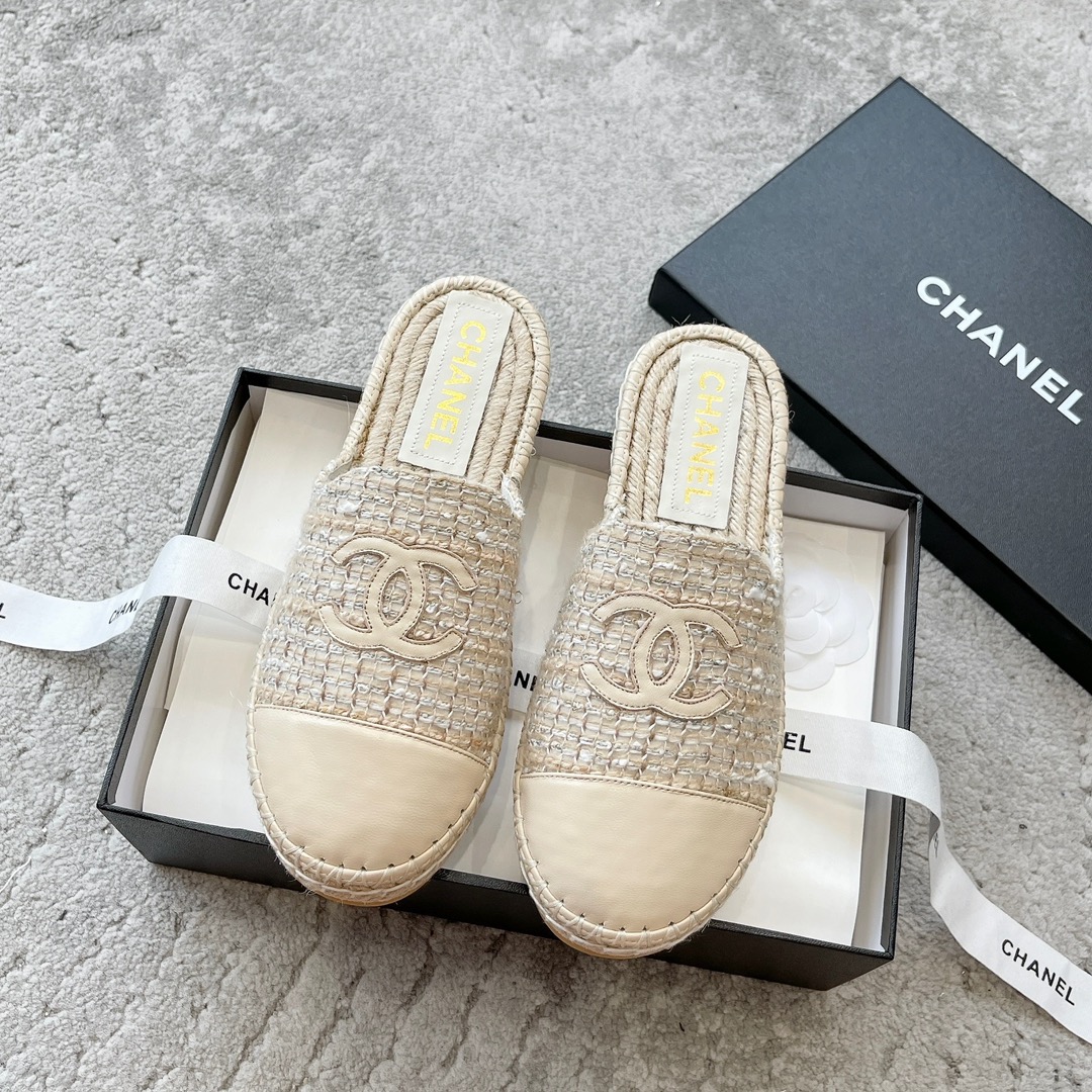 CHANEL Espadrilles classiques en tissu et cuir, tissu importé, cuir d'agneau de boutique, parfaites pour la maison et les voyages