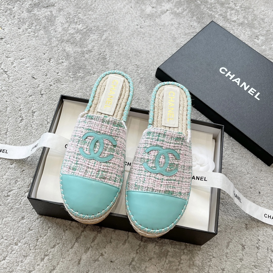 CHANEL Espadrilles classiques en tissu et cuir, tissu importé, cuir d'agneau de boutique, parfaites pour la maison et les voyages
