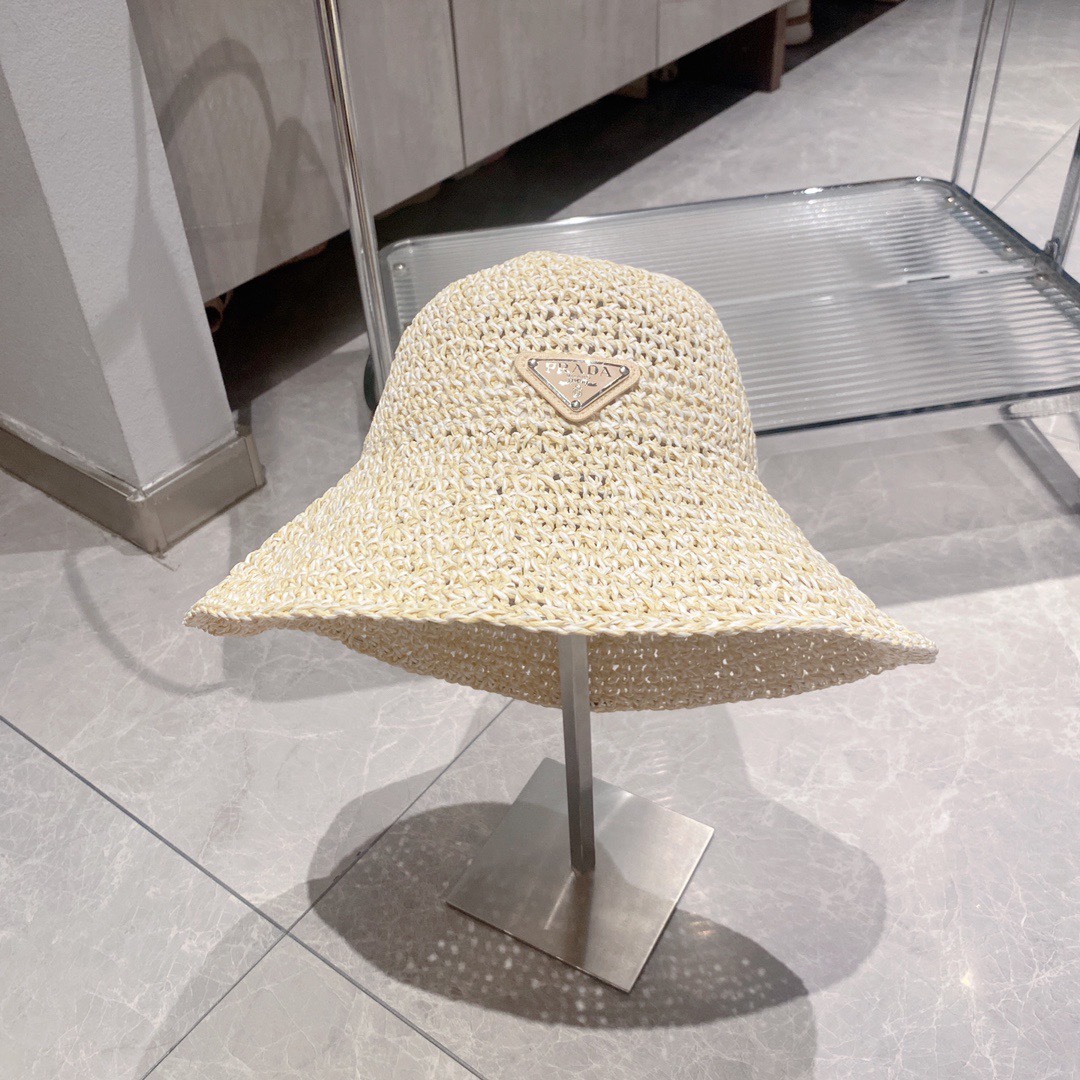 [Prada Hats]PRADA PRADA hand back straw summer bucket hat Color mixing looks g