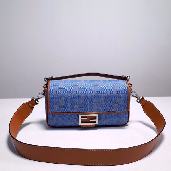 Fendi Online Bags Handbags Blue Brown Light Silver Embroidery Denim Baguette