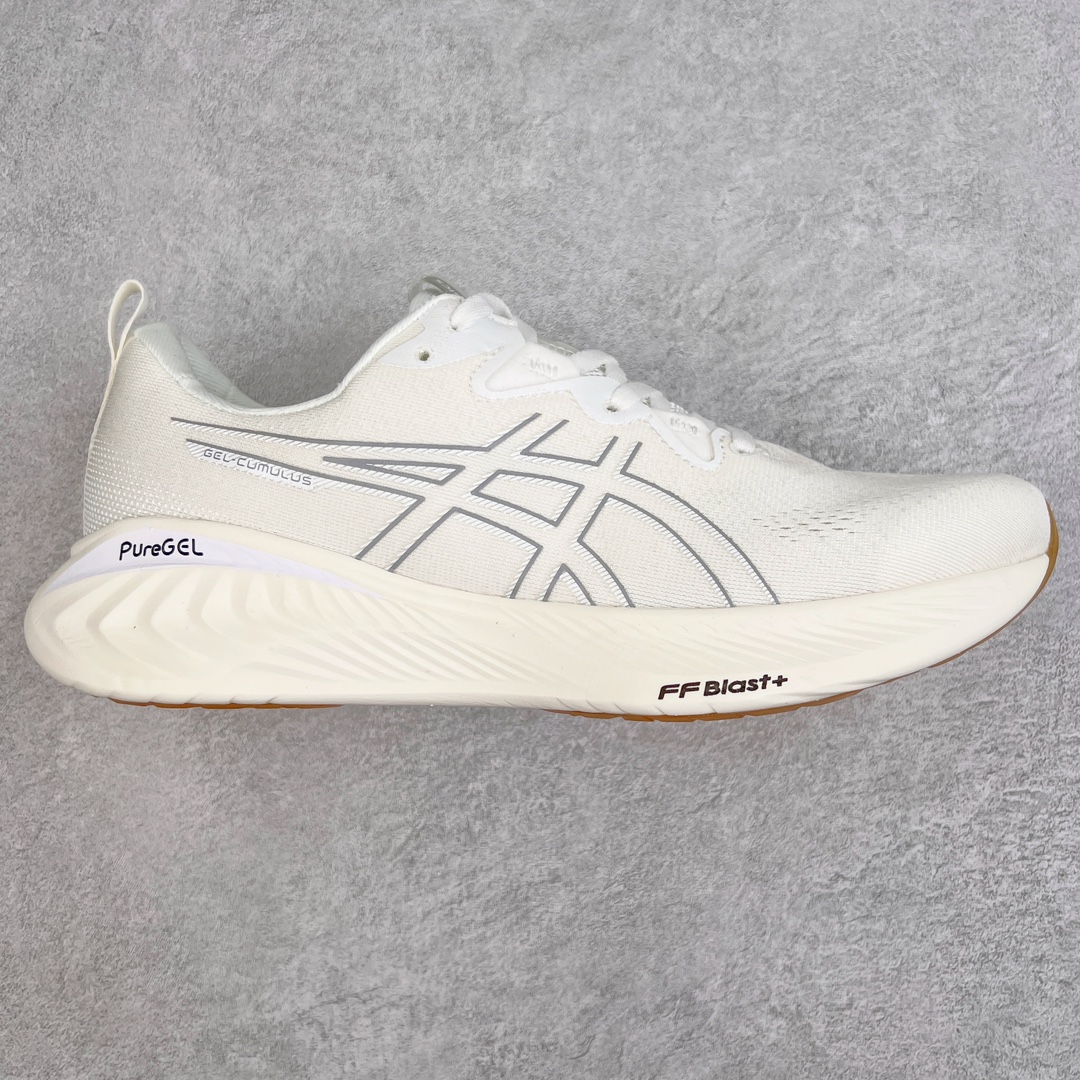 零售💰250 ASICS GEL-Cumulus 25 亚瑟士缓震透气跑鞋 全新升级的25代相较前代拥有了更强的缓震性能和舒适度 中底内置的GEL缓震胶升级为亚瑟士新技术PureGEL缓震胶 后者具备更强的缓震性能和更软、更轻的脚感 中底材料由FF Blast升级为FF Blast Plus泡棉 并采用全掌型配置 后者重量更轻 缓震更强 可为跑者提供更具能量感的缓震性和更轻盈的脚感 轻量的工程网眼鞋面设计 具备良好的舒适性、贴合性和透气性 鞋底是AHAR耐磨橡胶大底 后跟还配有耐磨性更强的AHAR橡胶材质 轻量耐磨 抓地力强 尺码：36 37 37.5 38 39 40.5 41.5 42 42.5 43.5 44 44.5 45 编码：Tby2936050-运动鞋