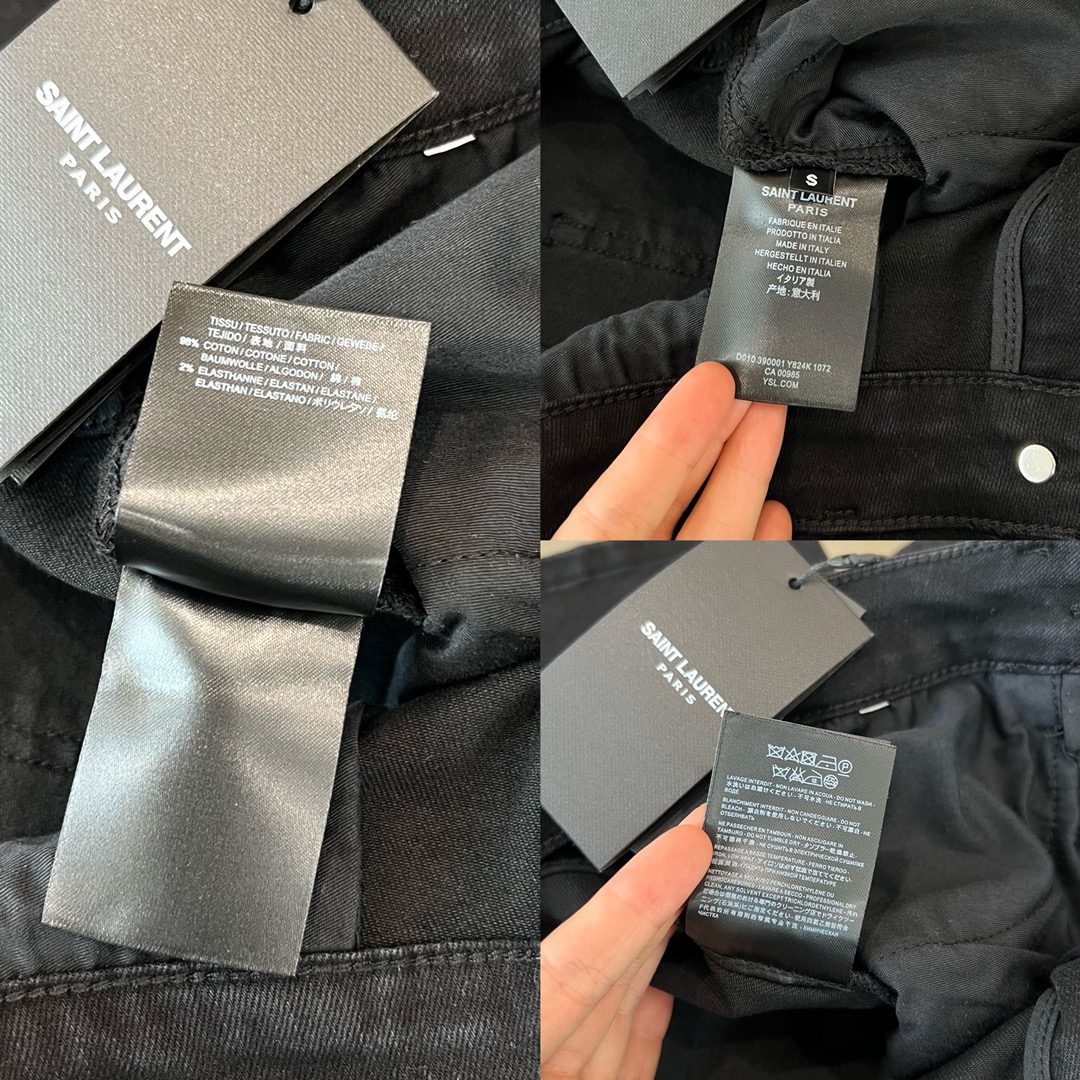 【新品上新】🎉YSL圣罗兰后袋重手工刺绣图案✨弹力铅笔小脚牛仔裤，纯黑色酵素洗水，定制整套五金配饰[哇]后袋染色人工刺绣图形，高弹赛络纺牛仔面料，市场顶级版本 。高品质全棉牛仔➕开模定制专属YSL腰带搭配黑色高级感十足 ，体现出高贵神秘感强，修长显瘦腿形衬托出女性华丽高贵的气质～简直是秋冬季节的必备款神裤👍 1⃣️色 尺码：S M L