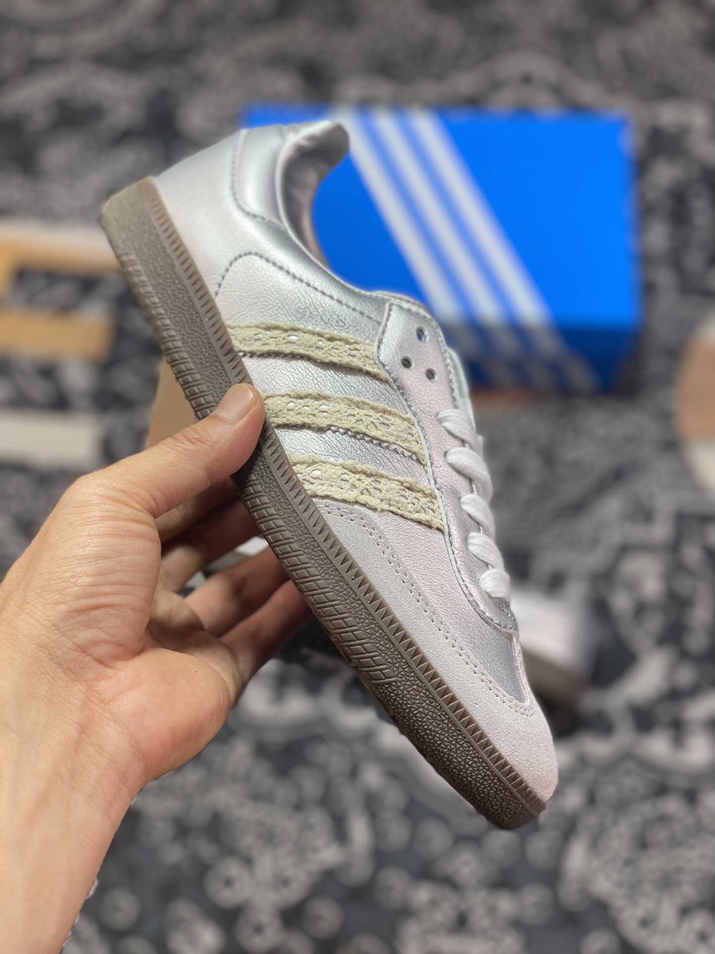 Adidas Originals Samba Vegan OG ”SPD” Samba Dance Shoes ”Silver Mist Princess Lace Caramel Sole” B75806