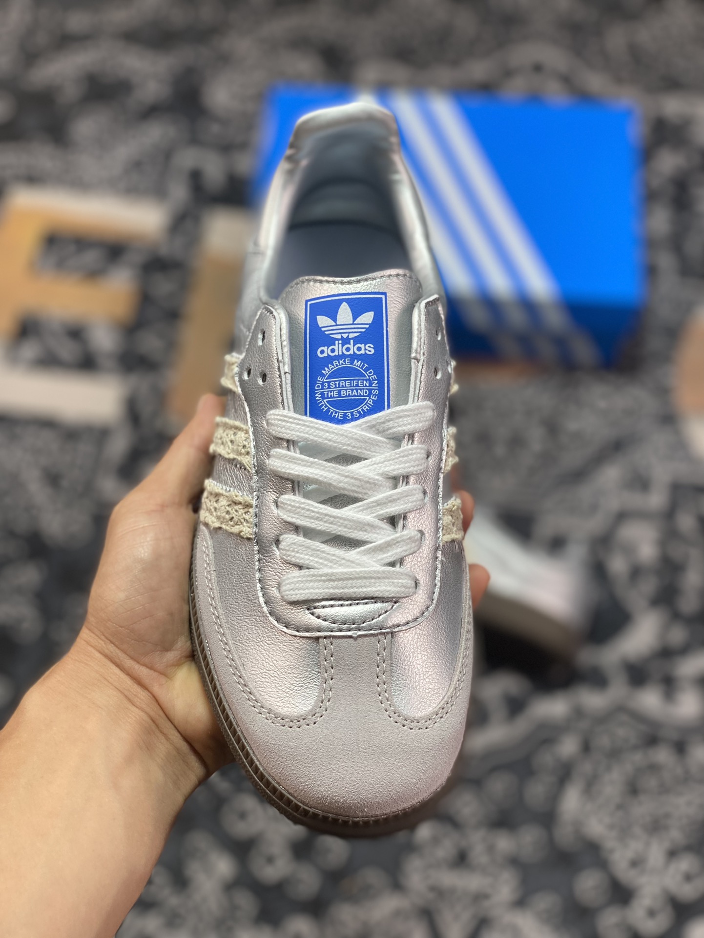 Adidas Originals Samba Vegan OG ”SPD” Samba Dance Shoes ”Silver Mist Princess Lace Caramel Sole” B75806