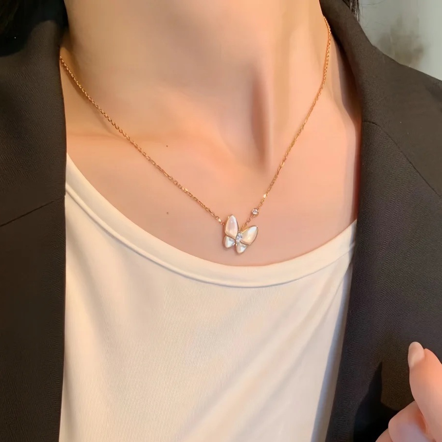 Diamond and White Mother-of-Pearl Butterfly Pendant Necklace - Comprehensive 4