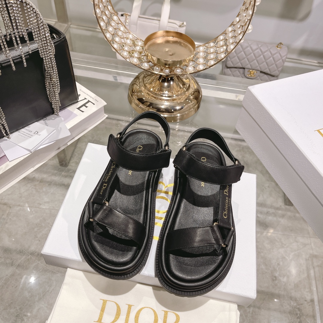 Dior Shoes Sandals Black Gold Women Cowhide Rubber Sheepskin Fall Collection