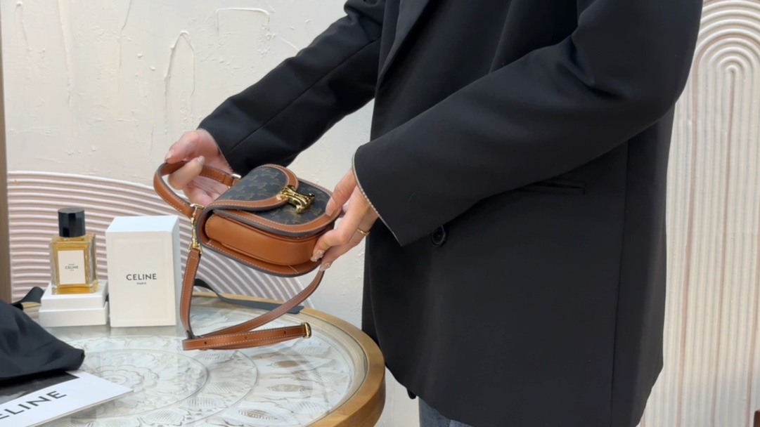 Celine Besace Triomphe Bag in Triomphe Canvas and Calfskin Tan