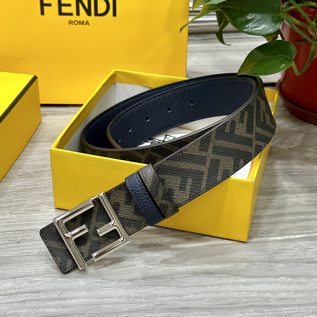 FENDI芬迪专柜同款双环正反用腰带FF按钉搭扣兰色CuoioRomano皮革材质反面面料带有烟草黄和黑