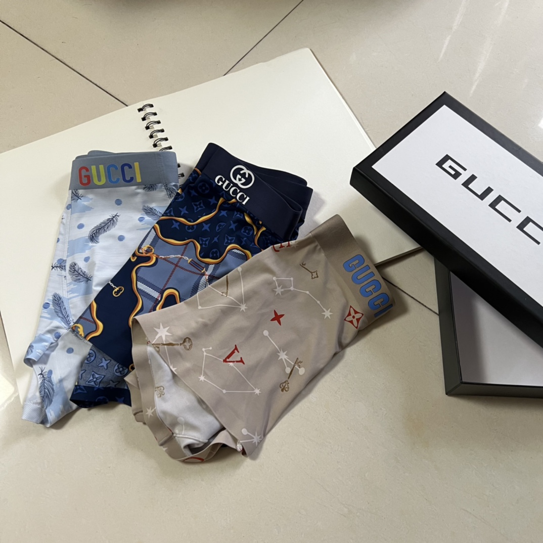 新品！原单品质！GUCCI古驰精品盒装男士内裤！外贸国外订单高品质国潮印花锦纶冰丝无痕切割工艺科学配90