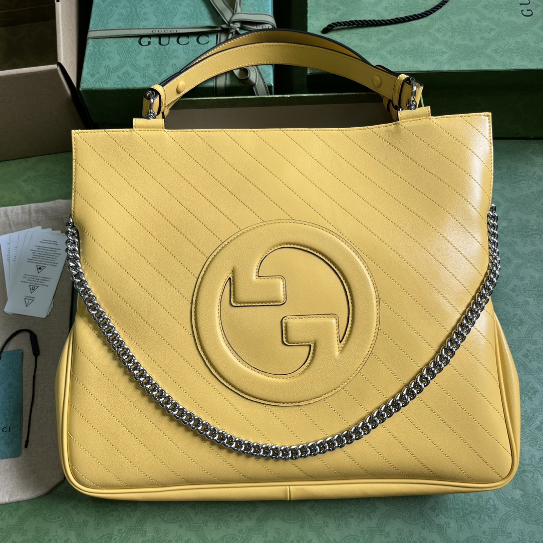 Сумка-тоут Gucci Blondie среднего размера, желтая кожа, аппликация с двойной G, цепочка-ремень