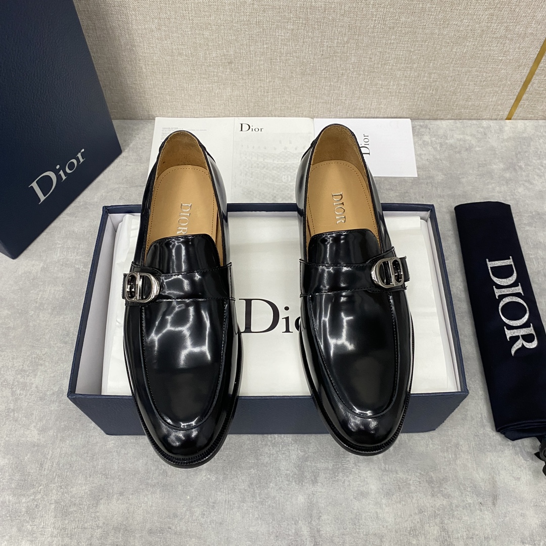 Dior Shoes Loafers Plain Toe Black Cowhide Frosted Genuine Leather Rubber