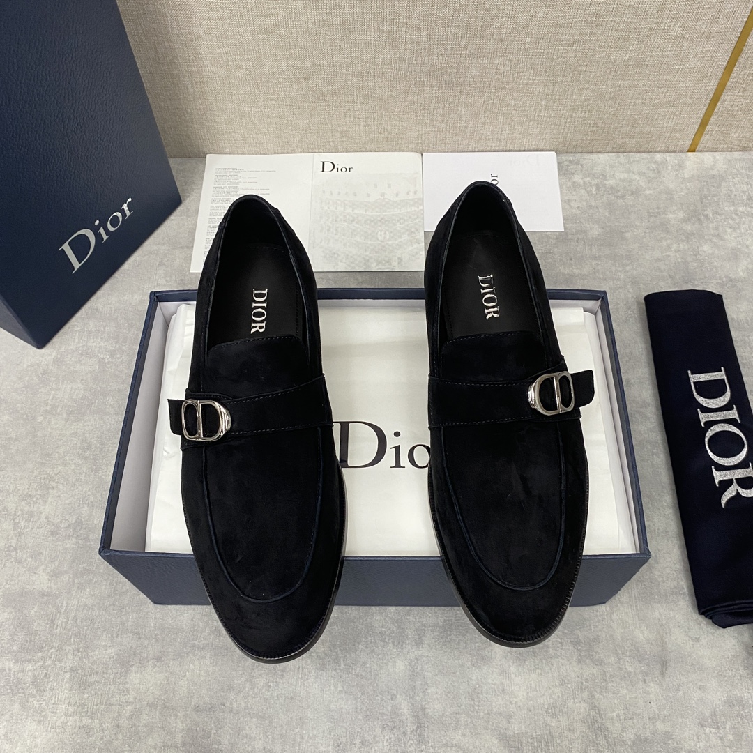 Dior Shoes Loafers Plain Toe Black Cowhide Frosted Genuine Leather Rubber