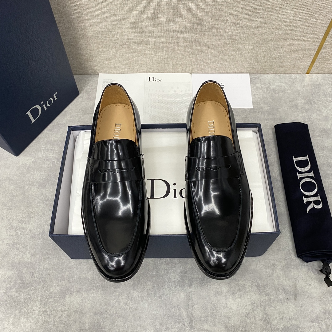 Dior Shoes Loafers Plain Toe Black Cowhide Frosted Genuine Leather Rubber