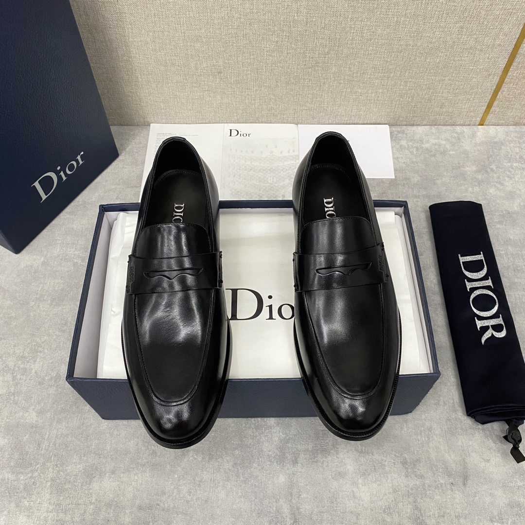 Dior Shoes Loafers Plain Toe Black Cowhide Frosted Genuine Leather Rubber