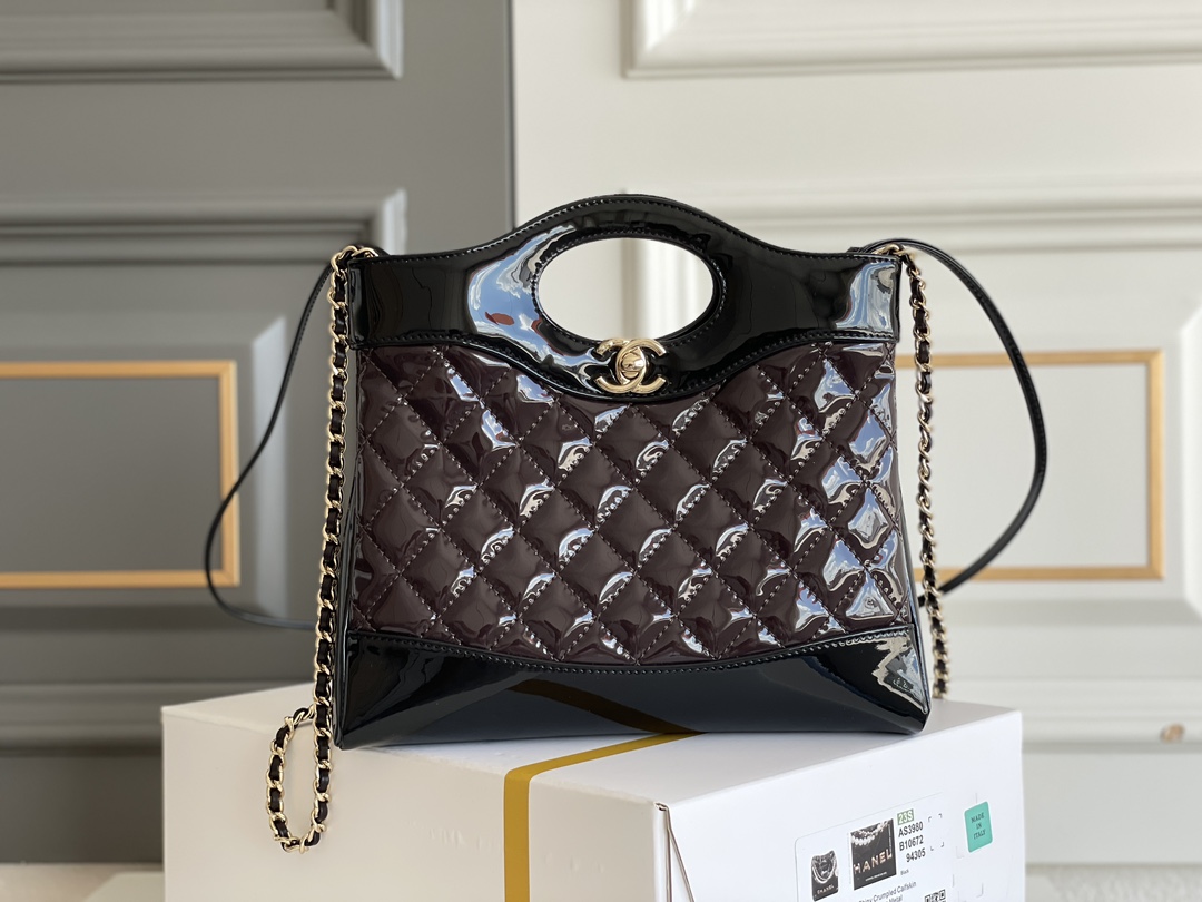 🌼现货 白金版▪️正品级 包装如图𝗖𝗵𝗮𝗻𝗲𝟭 𝟮𝟯𝗔高级手工坊𝟑𝟏𝐛𝐚𝐠 𝐦𝐢𝐧𝐢 枣配黑漆皮31手袋