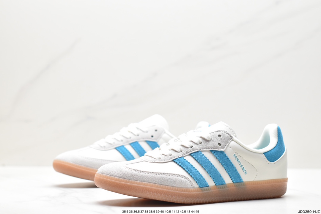 板鞋, Sporty &amp; Rich x Adidas Originals Samba, SAMBA, Originals, Original, IE7096, Adidas - 阿迪达斯 Sporty & Rich x Adidas Originals Samba 耐磨透气 低帮 休闲复古板鞋 男女同款 米白蓝 IE7096